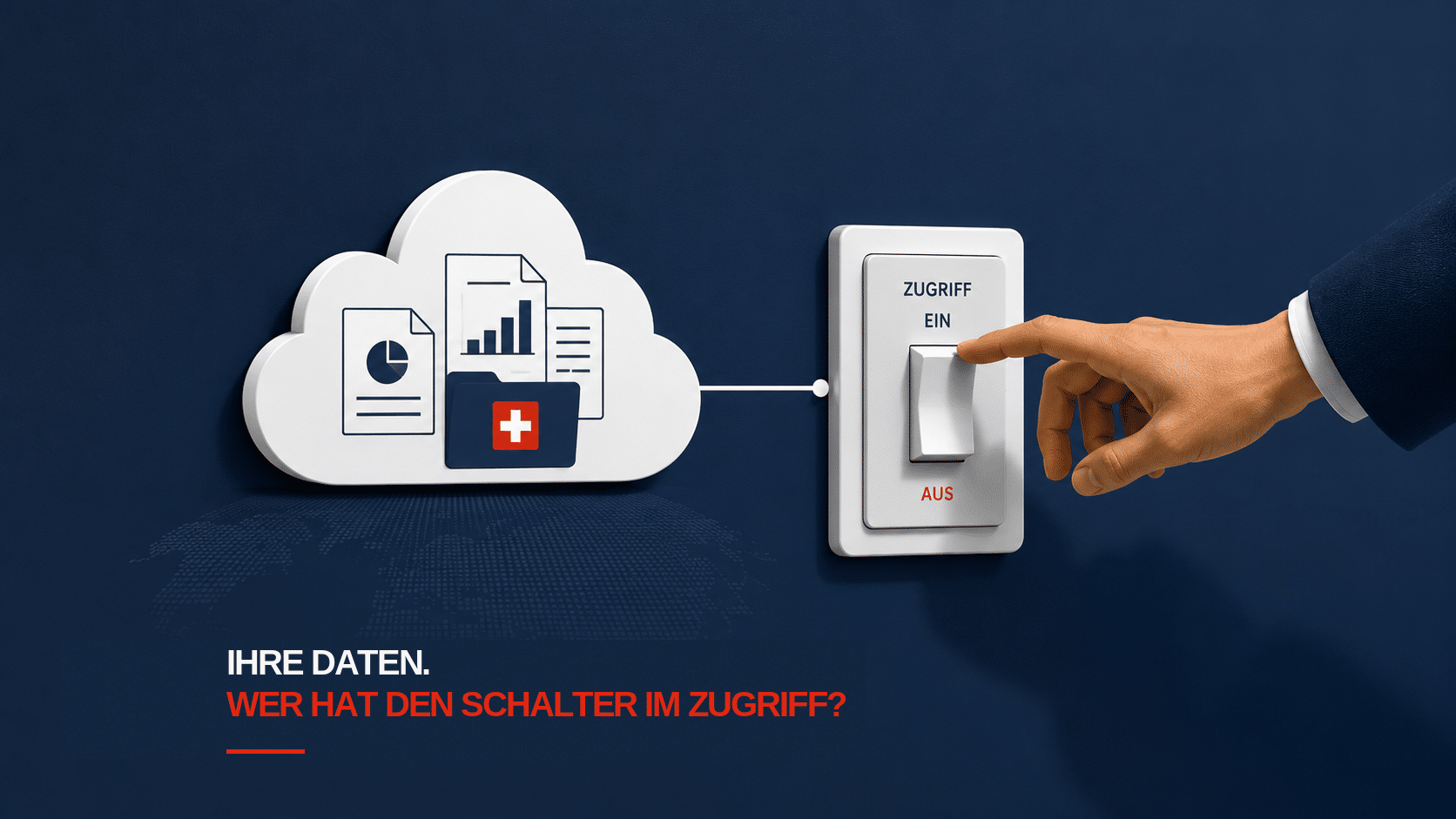 Datenstandort Schweiz: Wer hat den Schalter im Zugriff? Cloud-Daten am Lichtschalter mit Schweizer Fahne