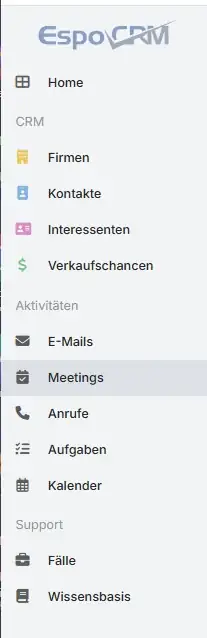 EspoCRM Hauptmen&uuml; mit Firmen, Kontakten, Interessenten, Verkaufschancen, E-Mails, Meetings, Anrufen, Aufgaben und Kalender