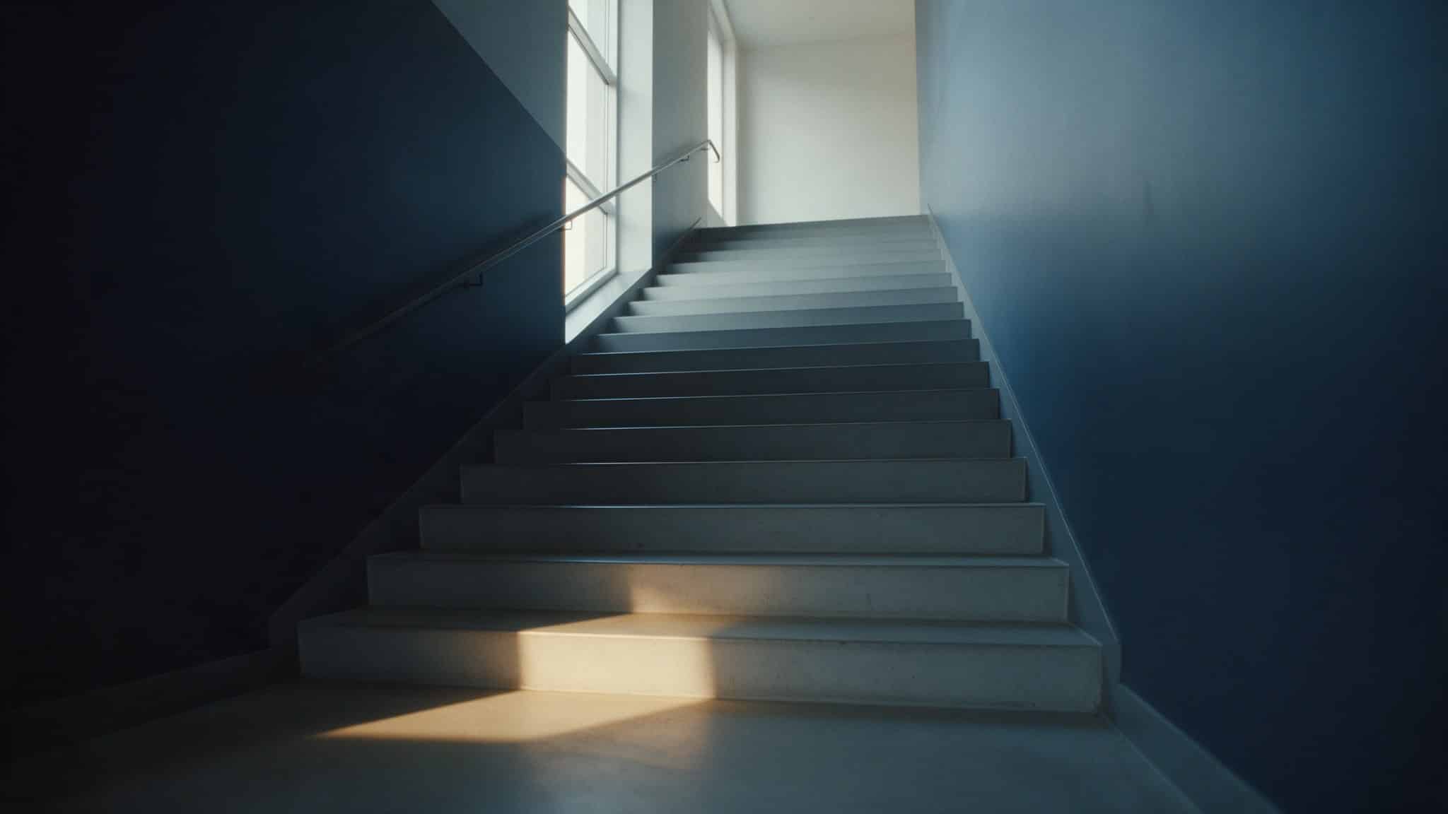 Breite Betontreppe in einem modernen Bürogebäude mit dunkelblauen Wänden, ein Streifen warmes Morgenlicht fällt auf die unterste Stufe, oben ein helles Fenster