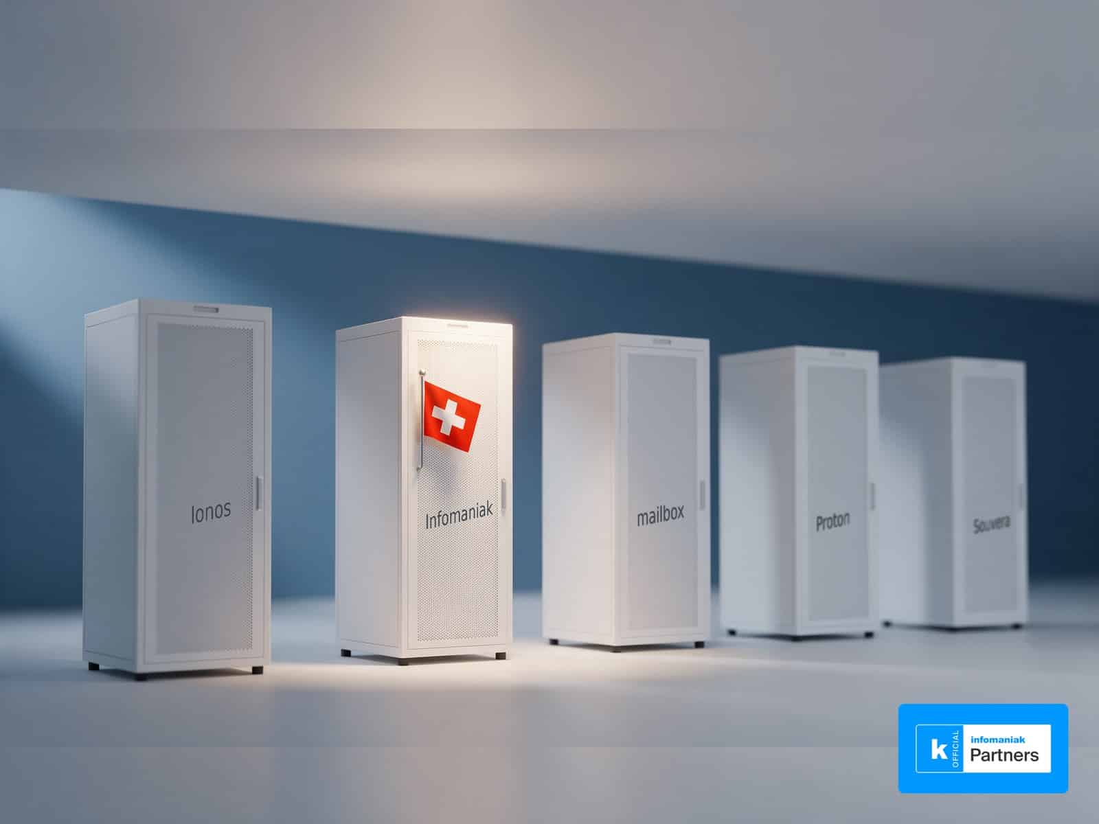 Fünf Serverschränke in Dreiviertelansicht, beschriftet mit Ionos, Infomaniak, mailbox, Proton und Souvera; der Infomaniak-Schrank steht im Lichtkegel und trägt die Schweizer Fahne, unten rechts das offizielle Infomaniak-Partner-Logo
